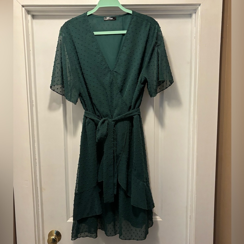 BTFBM Green Swiss Dot Faux Wrap Ruffle Dress Size L